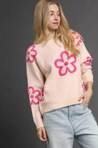 Sarah Express Women’s Round Neck Sweater with Pink Floral Accents