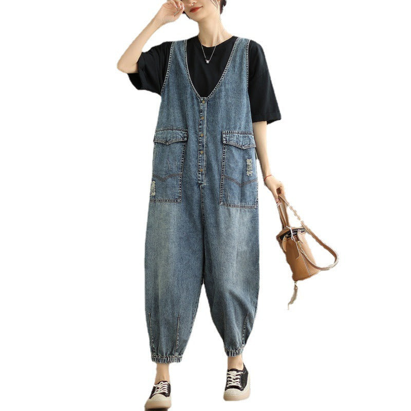 Women's Denim-Style Tank Top Jumpsuit - Summer Casual Cropped Ankle Length Sleeveless S-XL