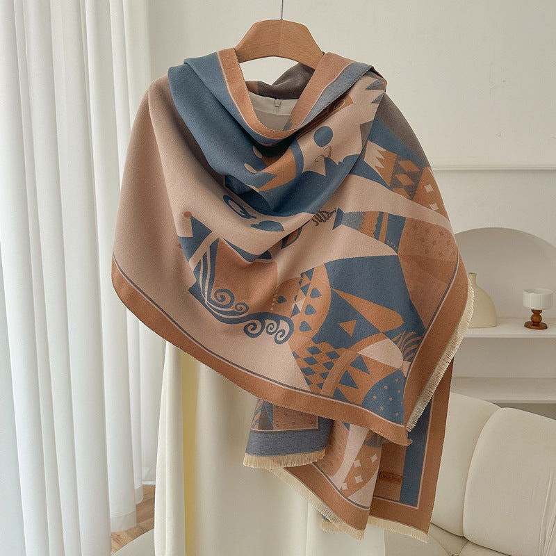 Geometric Ethnic Print Scarf Soft Cashmere-Feel Warm
