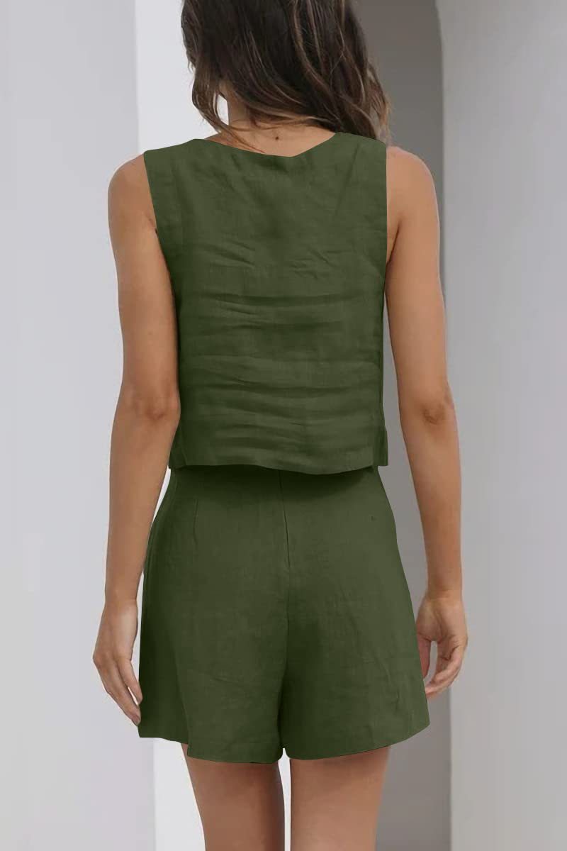 Women's Square Neck Cotton Linen Two-Piece Top and Shorts Set
