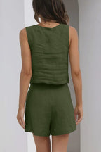 Women's Square Neck Cotton Linen Two-Piece Top and Shorts Set
