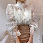 Women's Lace Stand Collar Blouse Long Sleeve Puff Sleeve Shirt
