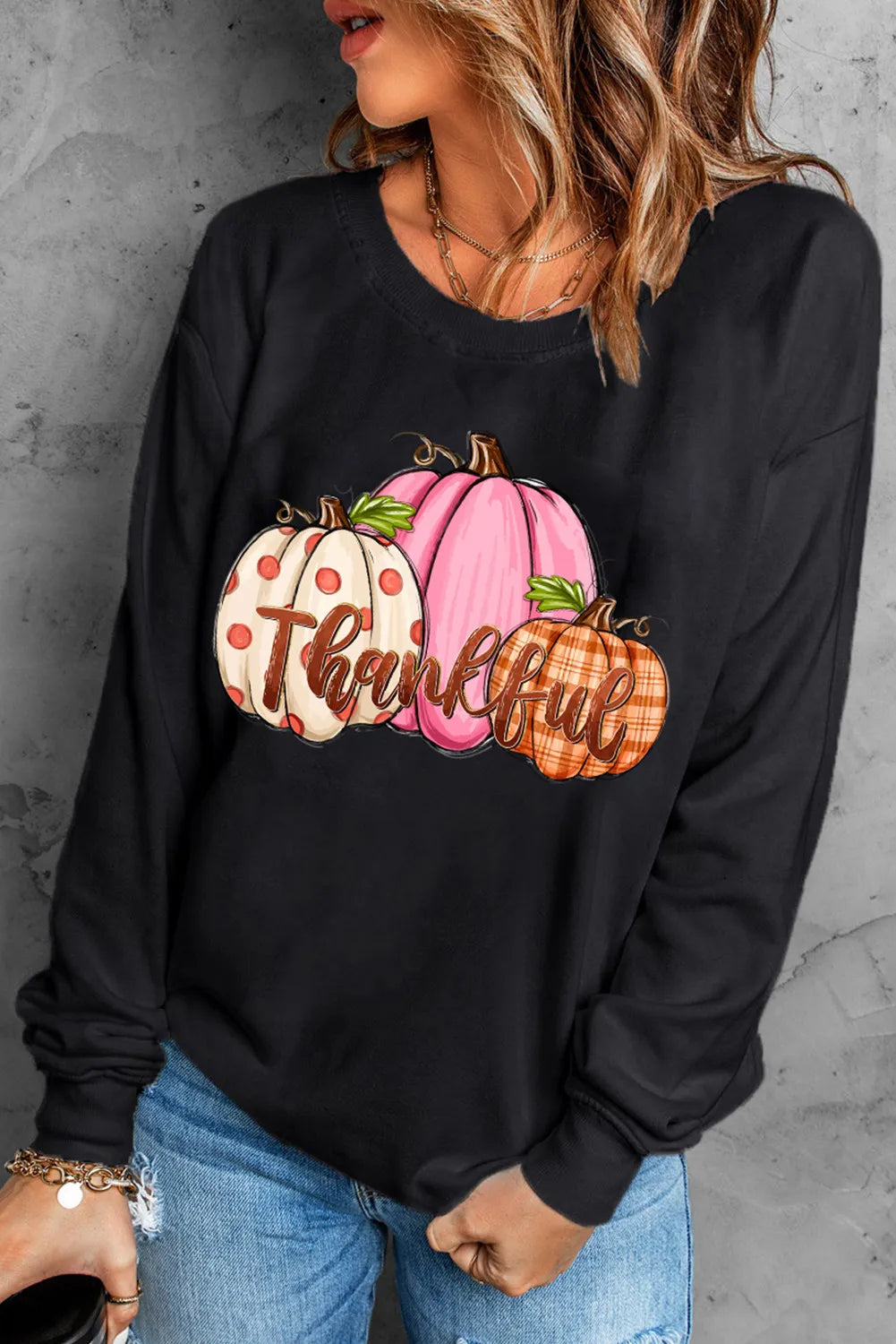 Sarah Express Women's Pumpkin Graphic Round Neck Dropped Shoulder Sweatshirt Black