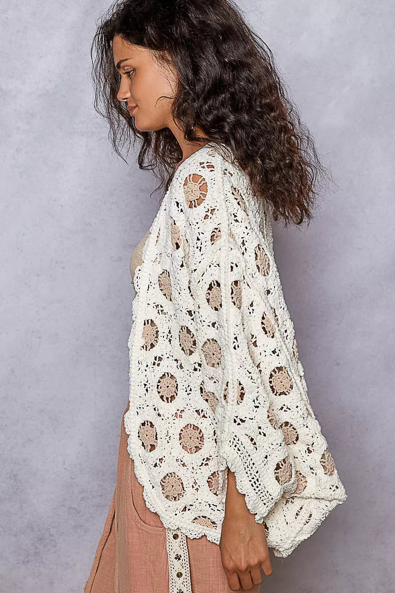 Sarah Express Women’s Openwork Chenille Cardigan with Floral Contrast V-Neck