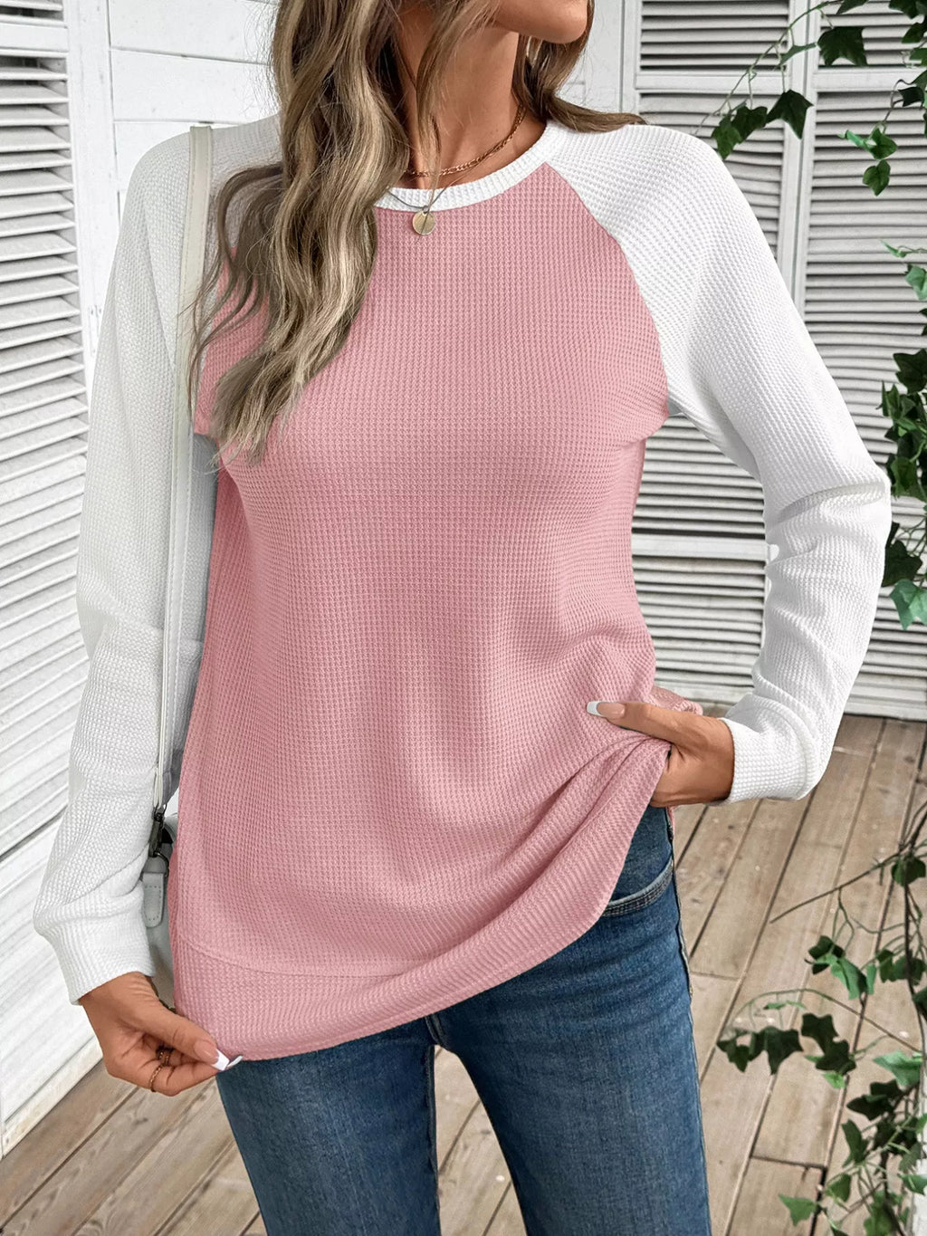 Sarah Express Women's Contrast Raglan Sleeve Waffle Knit T-Shirt