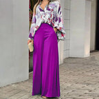 Women's Loose Elegant Printed Shirt and Wide Leg Pants Two-Piece Set