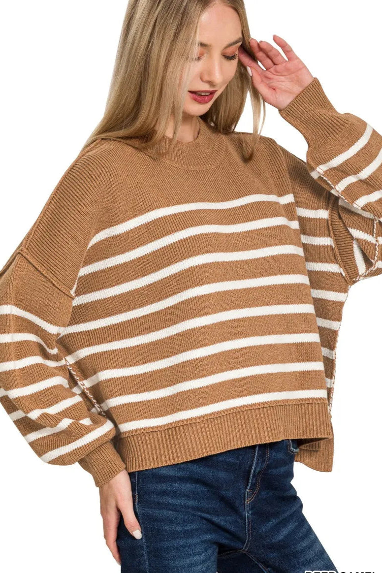 Sarah Express Women’s Oversized Striped Sweater with Exposed Seams Casual