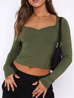 Sarah Express Women's Long Sleeve Sweetheart Neck Crop T-Shirt Moss