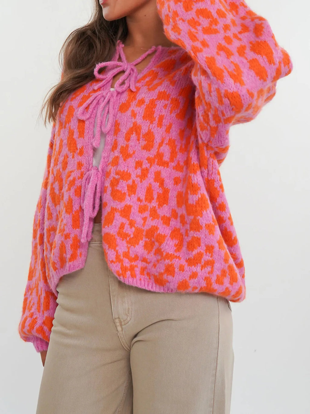 Sarah Express Women's Leopard Tie Front Cardigan