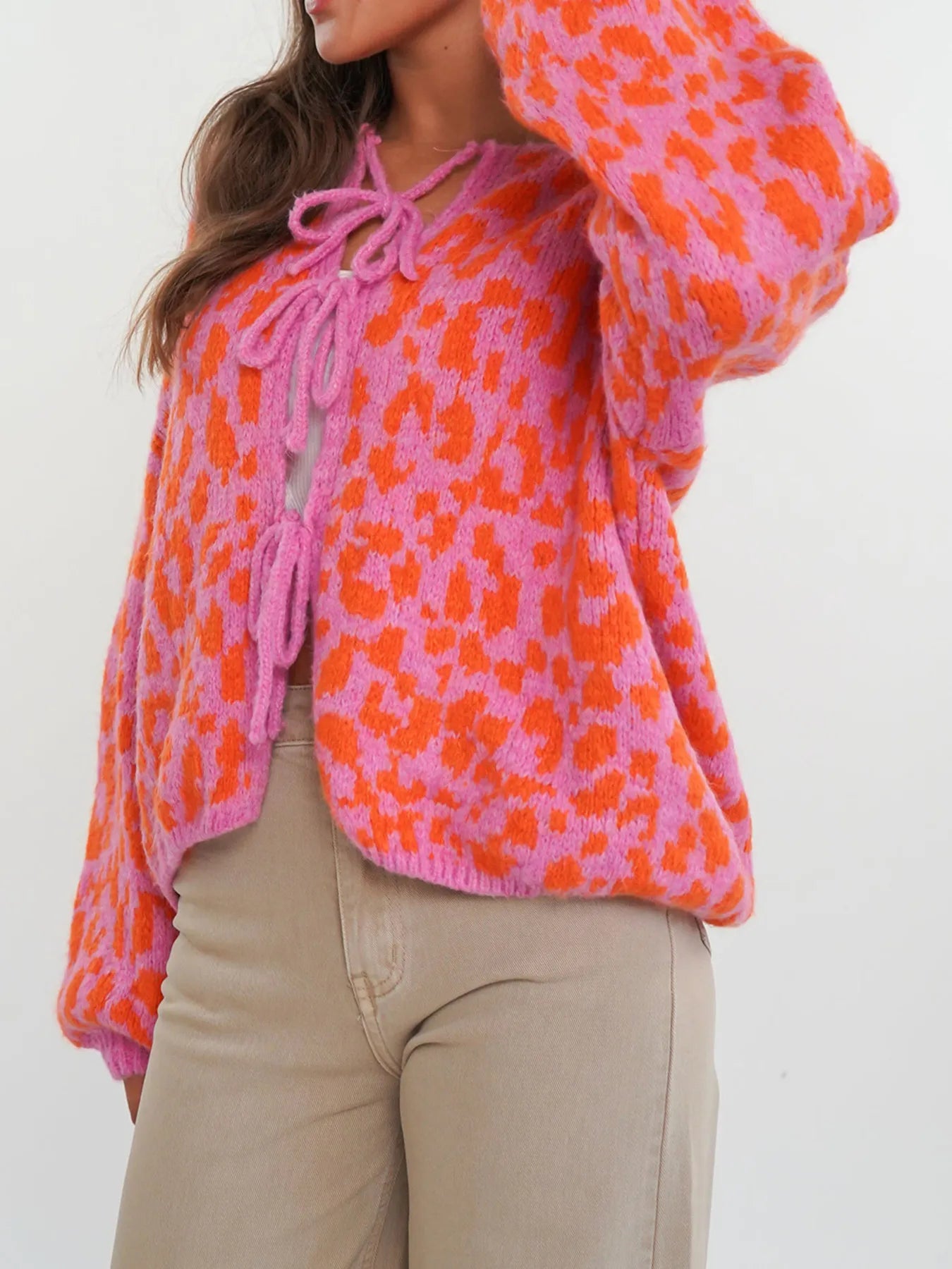 Sarah Express Women's Leopard Tie Front Cardigan