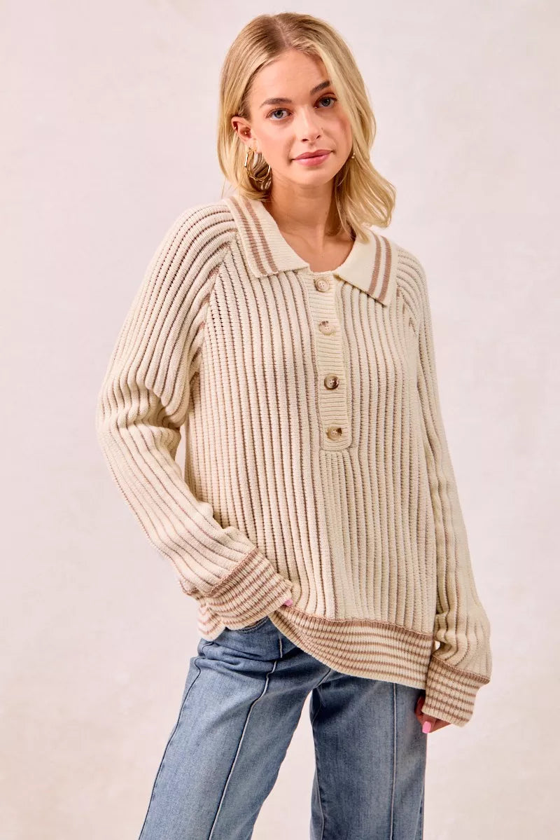 Sarah Express Women’s Two Tone Ribbed Sweater with Half Button Collar CREAM LATTE