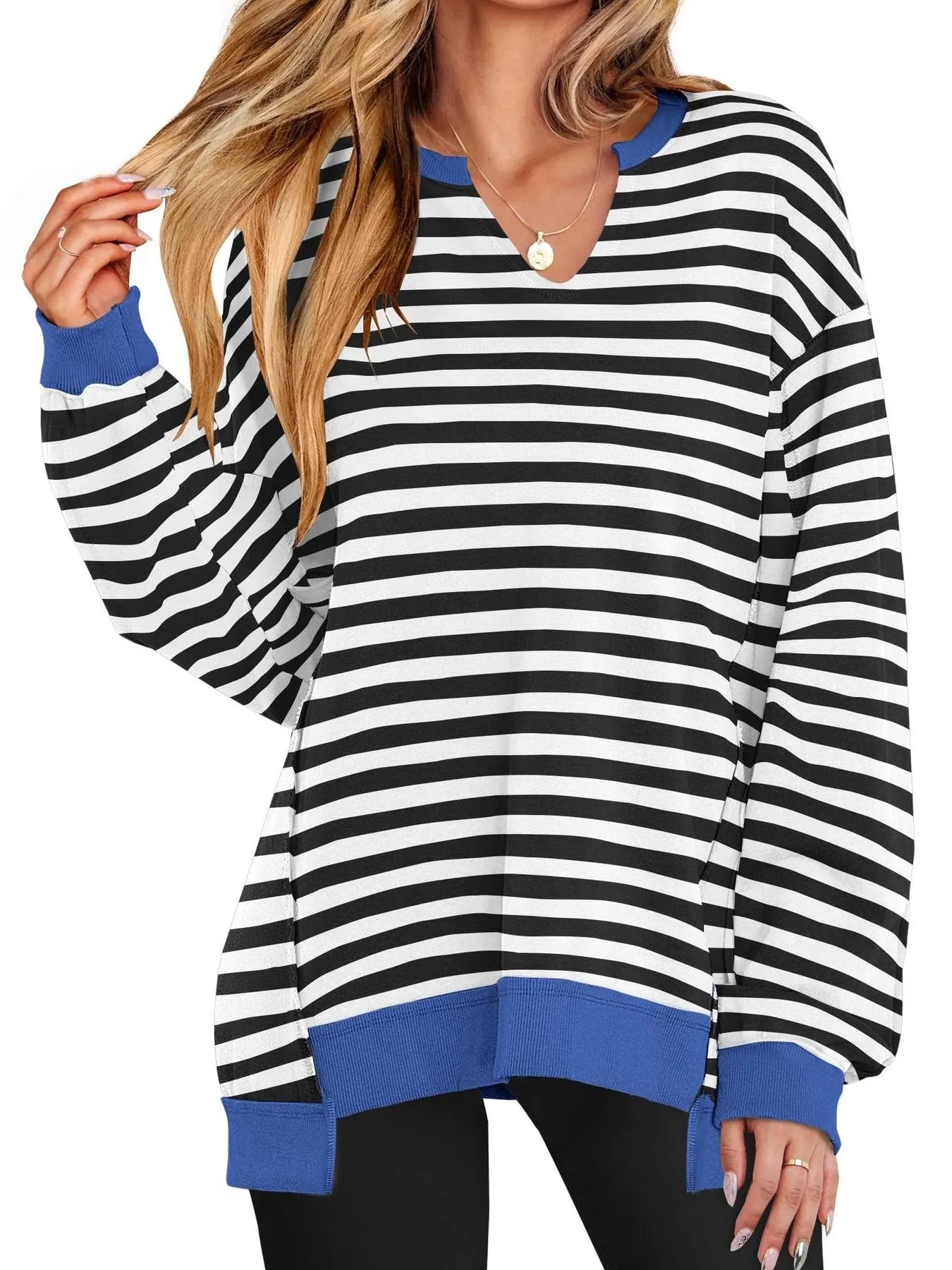 Sarah Express Women's Notched Long Sleeve Oversized Sweatshirt Black And White Stripes
