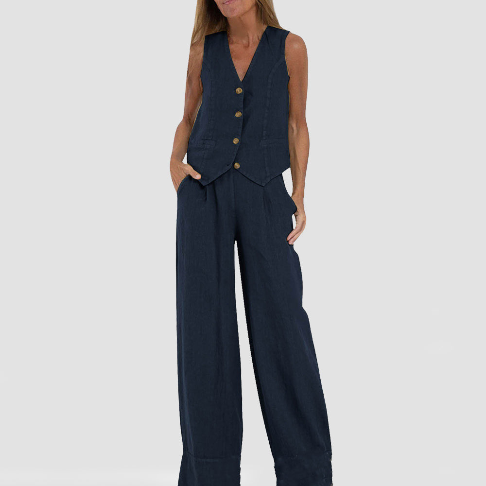 Women's V-Neck Button Vest and Straight Pants Two Piece Set