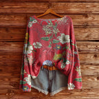 Women's Floral Printed Long Sleeve Pullover Top Brushed Loose Fit