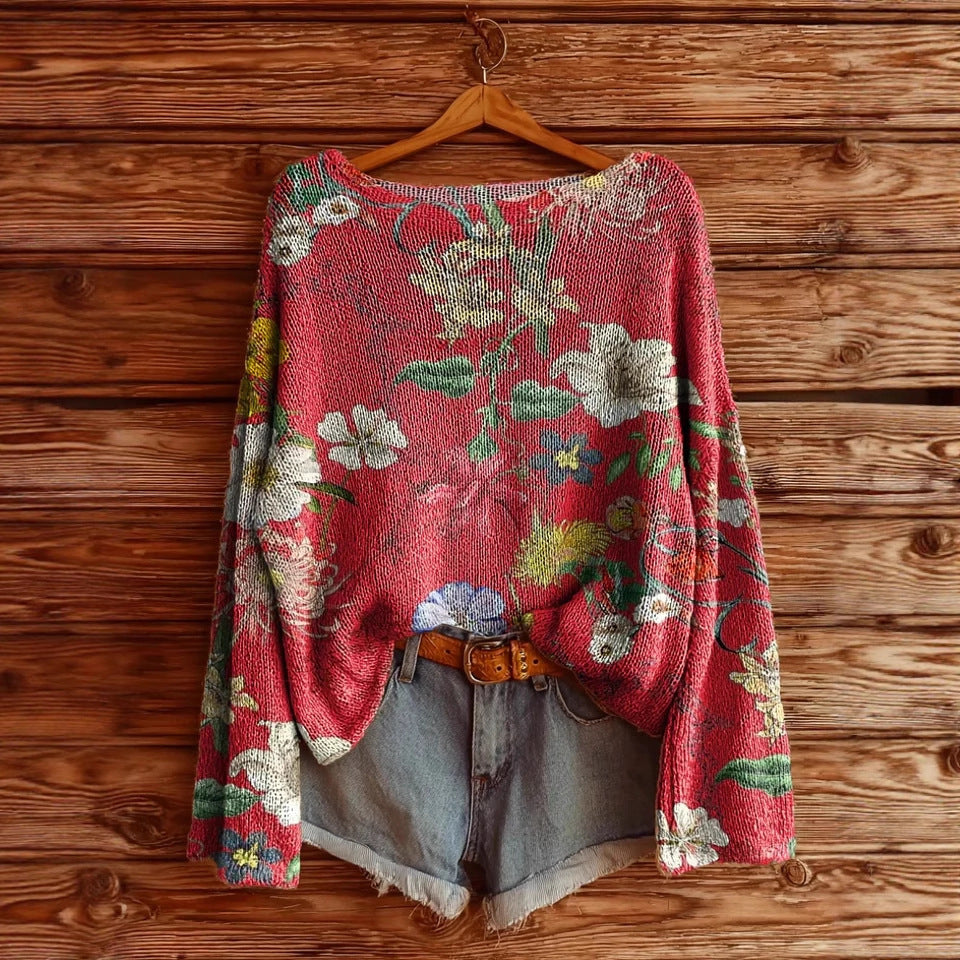 Women's Floral Printed Long Sleeve Pullover Top Brushed Loose Fit