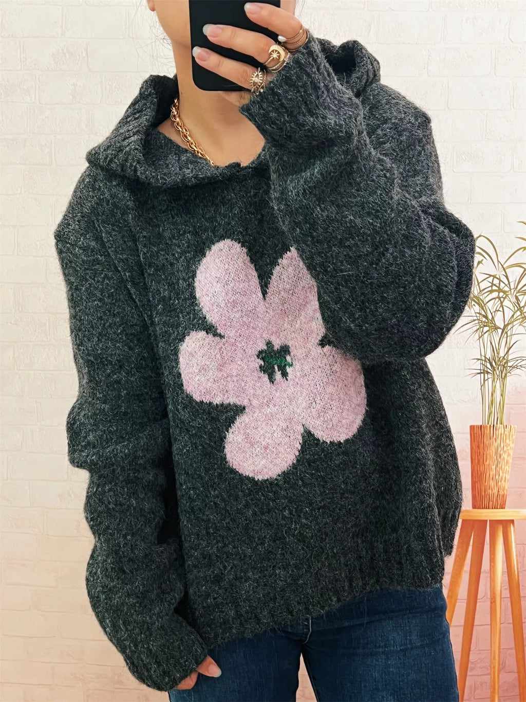 Sarah Express Women's Flower Long Sleeve Hooded Sweater