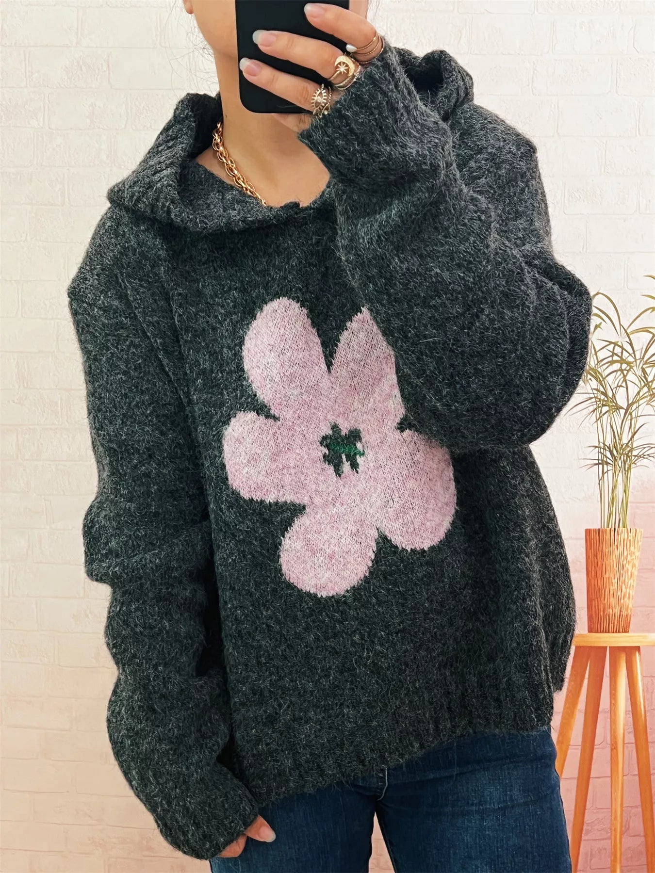 Sarah Express Women's Flower Long Sleeve Hooded Sweater