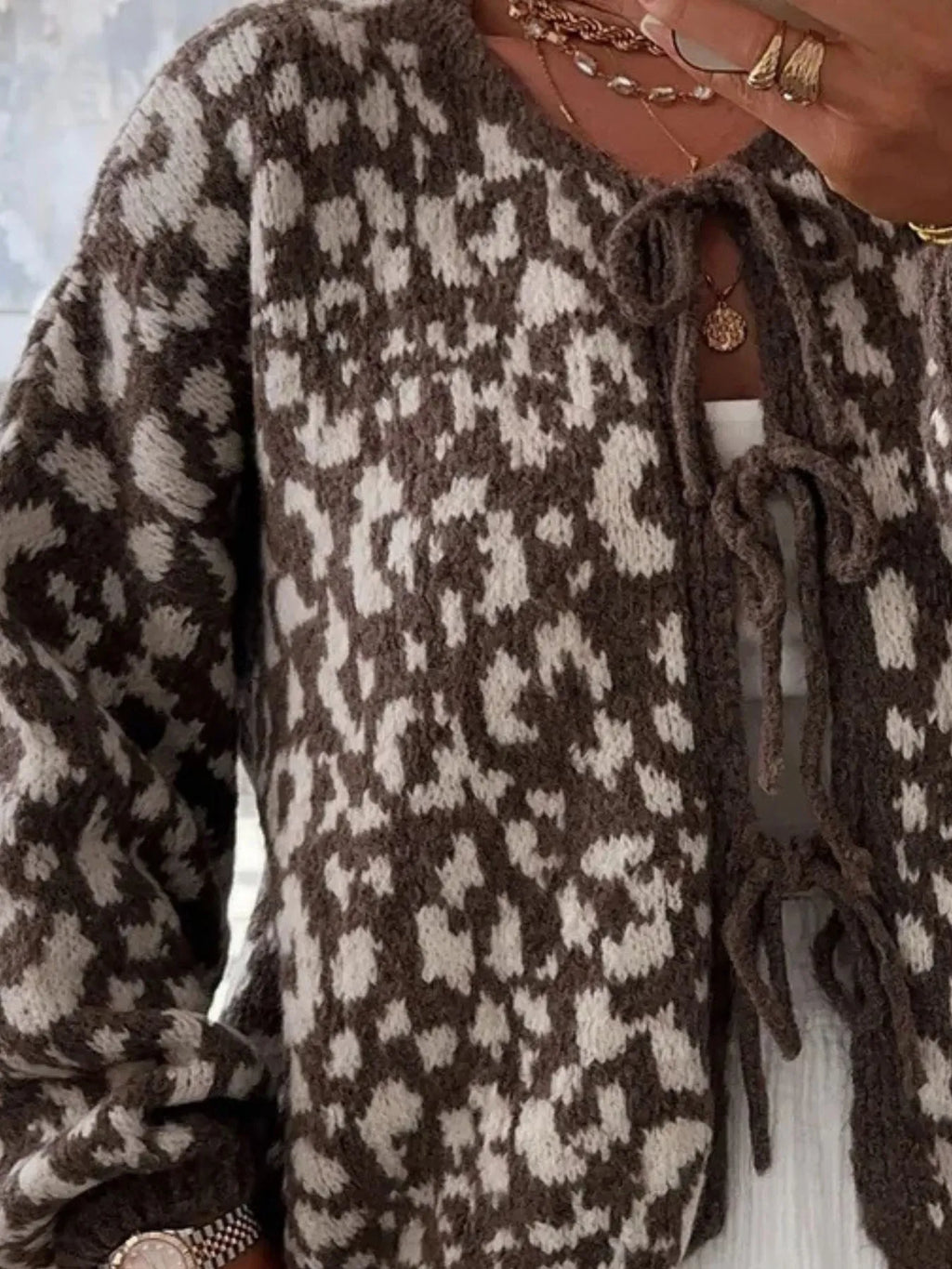 Sarah Express Women's Leopard Tie Front Cardigan