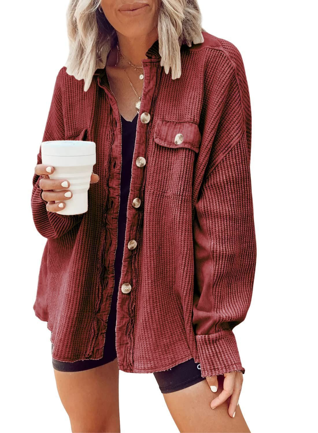 Patchwork Irregular Shirt Jacket Loose Fit Long Sleeve Acrylic Outerwear