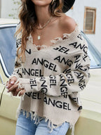 Sarah Express Women's Frayed Hem Long Sleeve Sweater