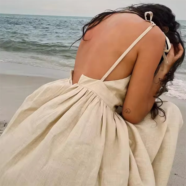 Women's V-Neck Suspender Split Dress - Backless High Waist Long Dress