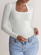 Sarah Express Women's Square Neck Long Sleeve Ribbed T-Shirt