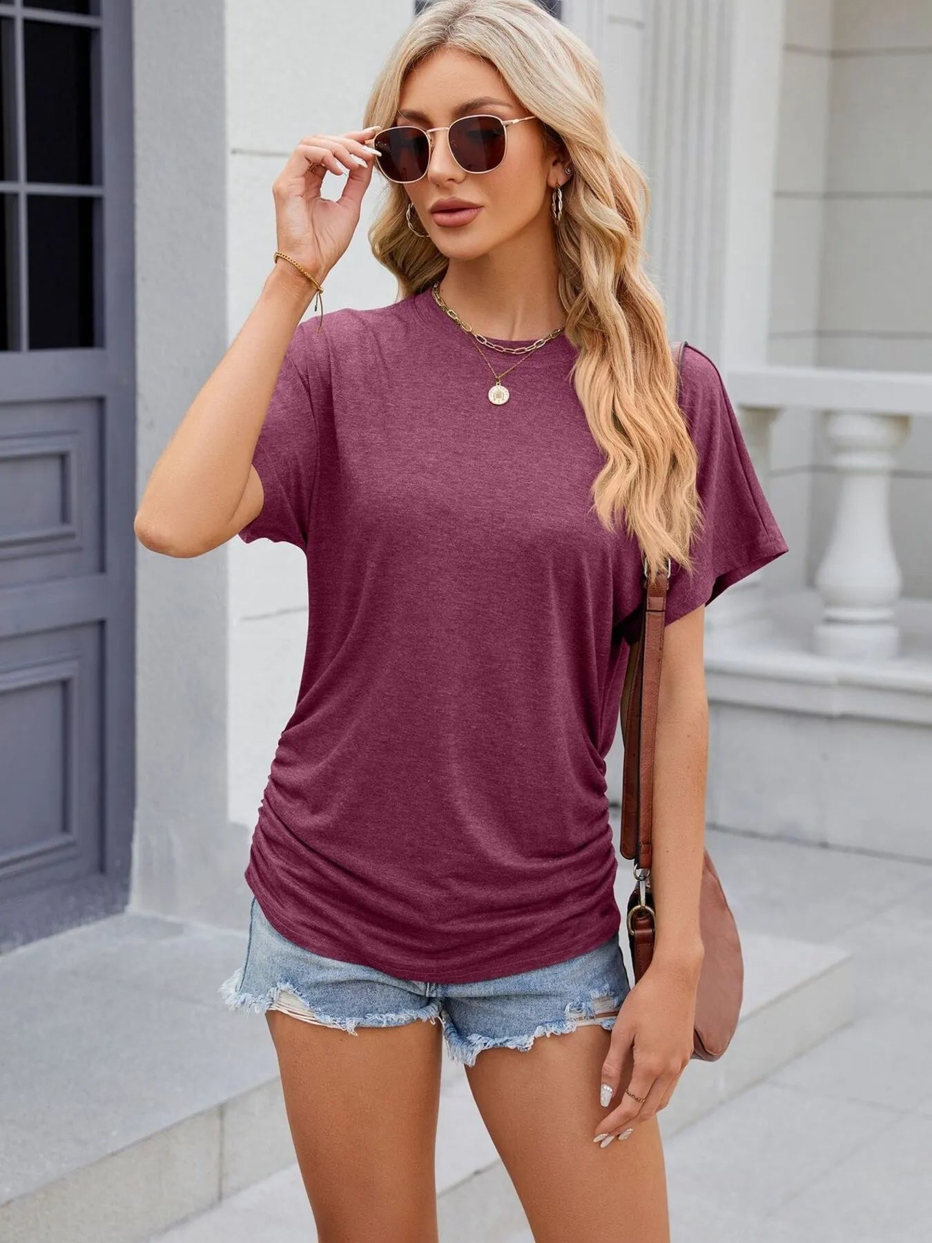 Sarah Express Women's Round Neck Short Sleeve Ruched T-Shirt Wine Red