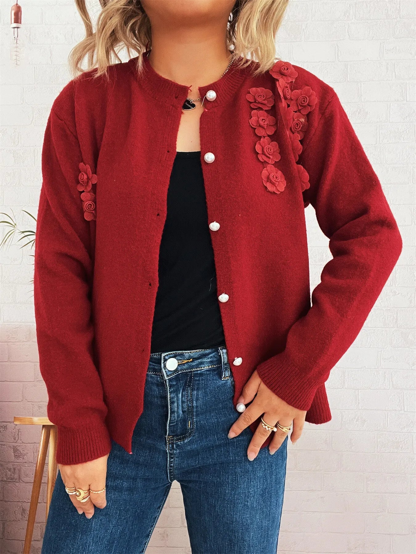 Sarah Express Women's Flower Button Up Long Sleeve Cardigan Red One Size