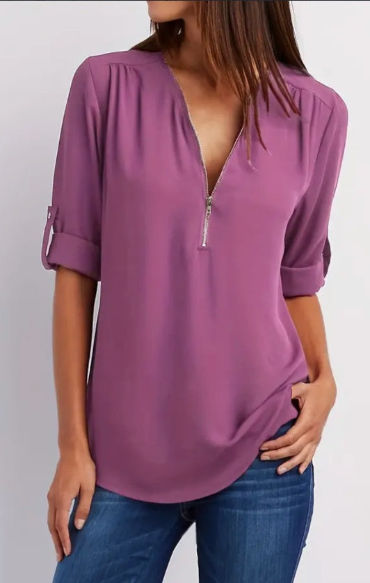 Ruched Half Zip V-Neck Blouse with Rollable Sleeves