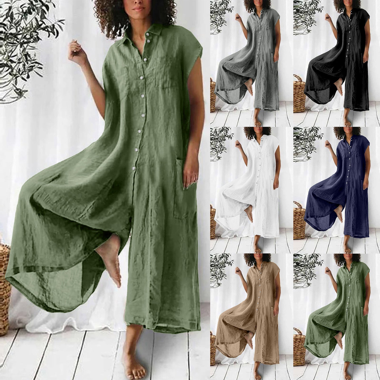 Short Sleeve Mid-Length Linen Jumpsuit Casual