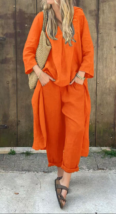 Two Piece Outfit V-Neck Tunic Top Wide Leg Pants Set Women's