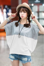Women's Color Block Batwing Sleeve Top Short Sleeve Casual Loose Fit Shirt