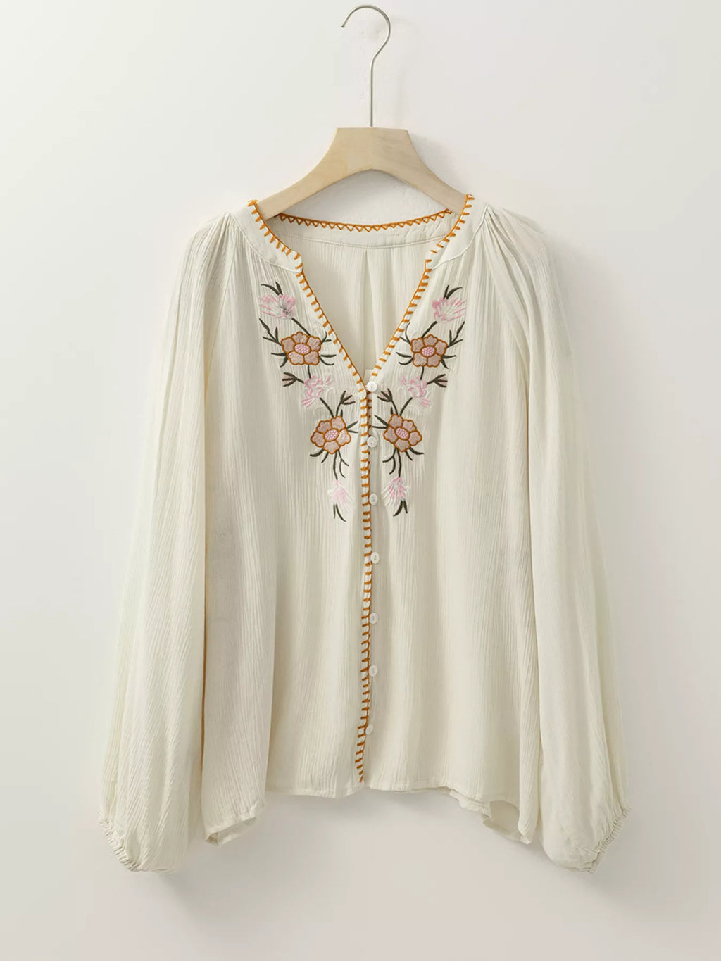 Sarah Express Women's Floral Embroidered Textured Puff Sleeve Loose Shirt