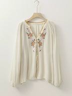 Sarah Express Women's Floral Embroidered Textured Puff Sleeve Loose Shirt