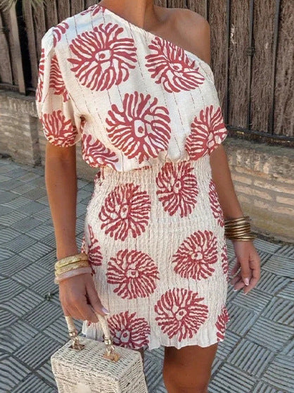 One Shoulder Printed Dress Red Asymmetric A-Line Party Dress
