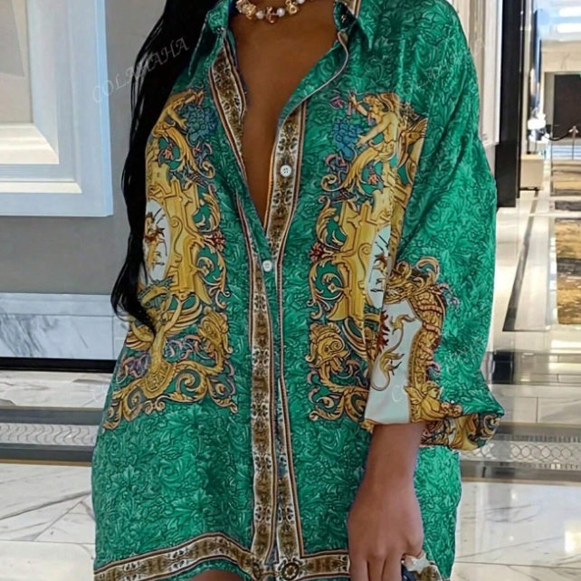 Women's Boho Geometric Print Button Front Shirt Dress with Asymmetrical Hem