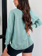 Sarah Express Women's Mineral Wash Exposed Seam Buttoned V Neck Top