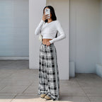 Plaid High-Waist Wide-Leg Pants Black and White
