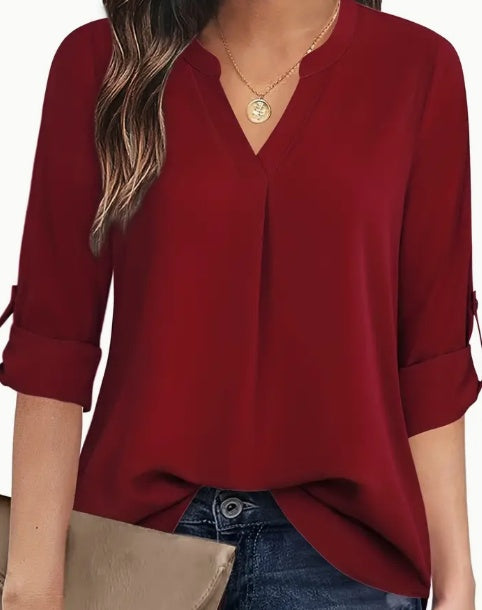 Solid V-Neck Blouse Long Sleeve Relaxed Fit Casual Top