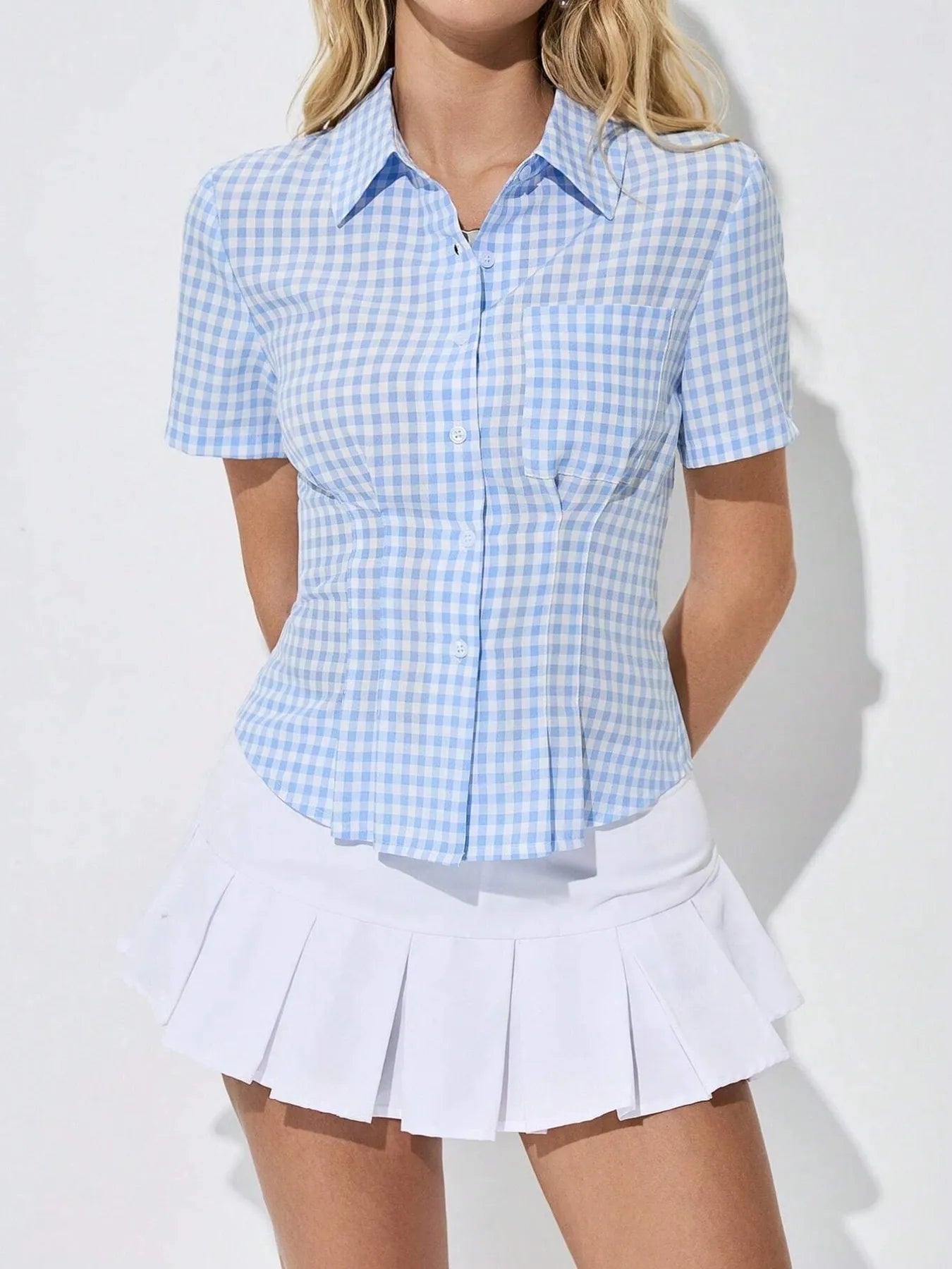 Sarah Express Women's Gingham Short Sleeve Button-Up Shirt