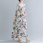 Women's Plus Size Cotton Linen Print Dress Loose Oversized Short Sleeve Maxi