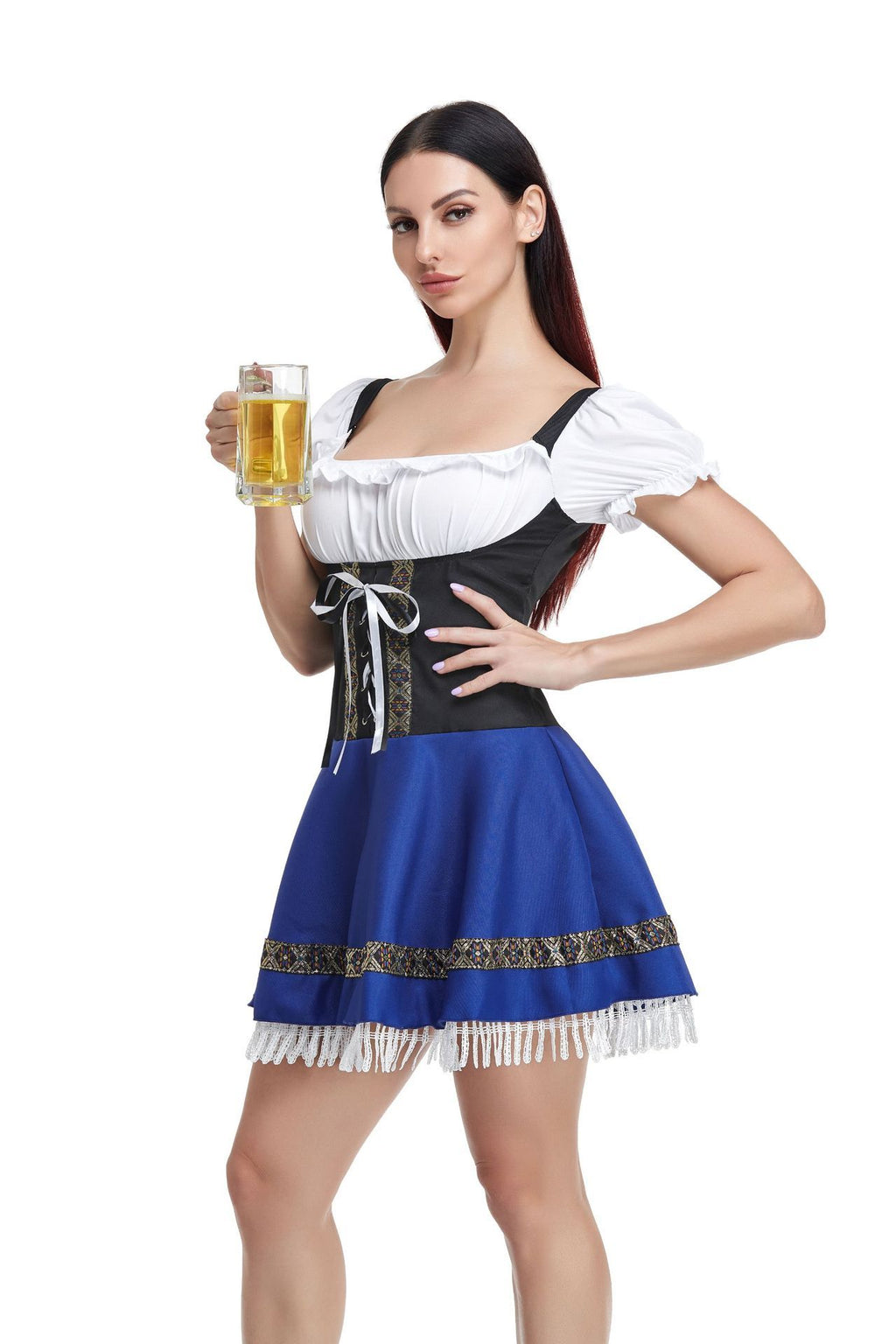Women's French Maid Costume Halloween Dress Barmaid Uniform with Ribbon