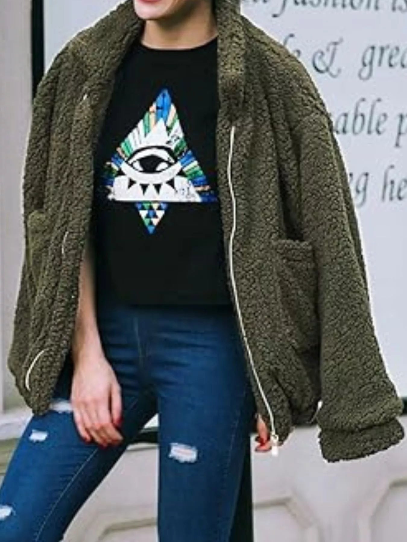 Sarah Express Women's Cozy Fleece Zip Up Jacket Plus Size Army Green