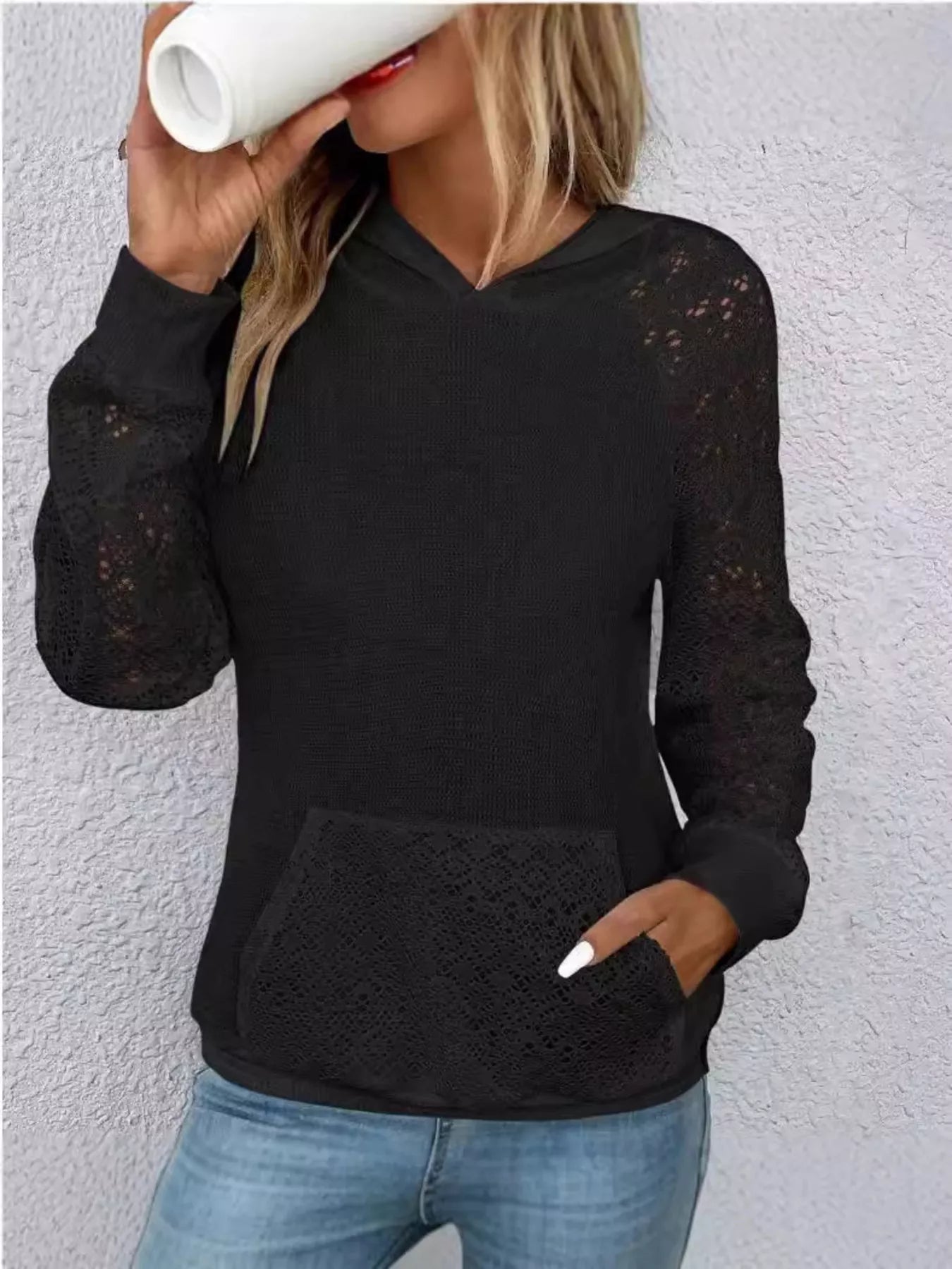 Sarah Express Women's Lace Sleeve Kangaroo Pocket Hoodie Black