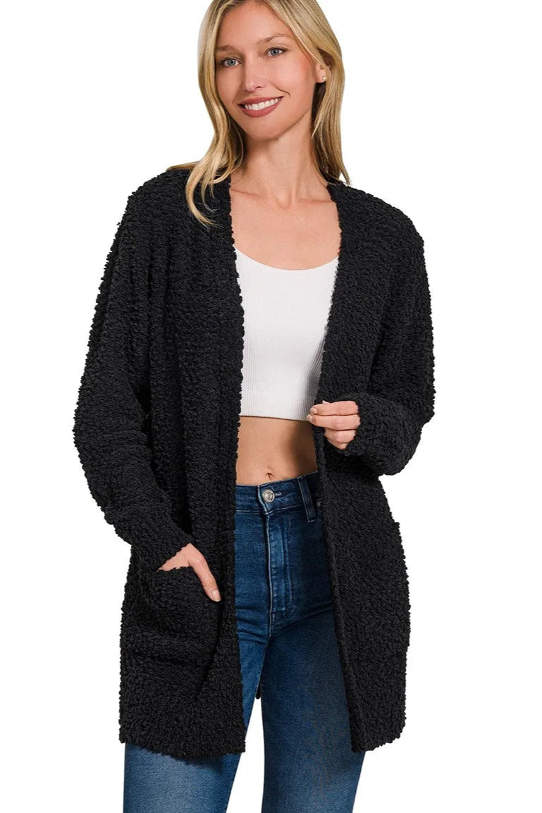 Long Sleeve Popcorn Sweater Cardigan with Pockets