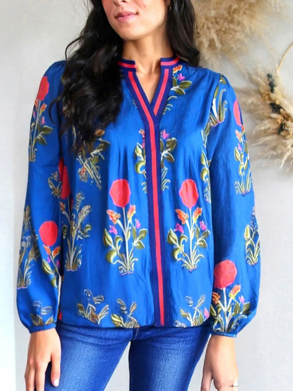 Sarah Express Women's Floral Notched Balloon Sleeve Blouse