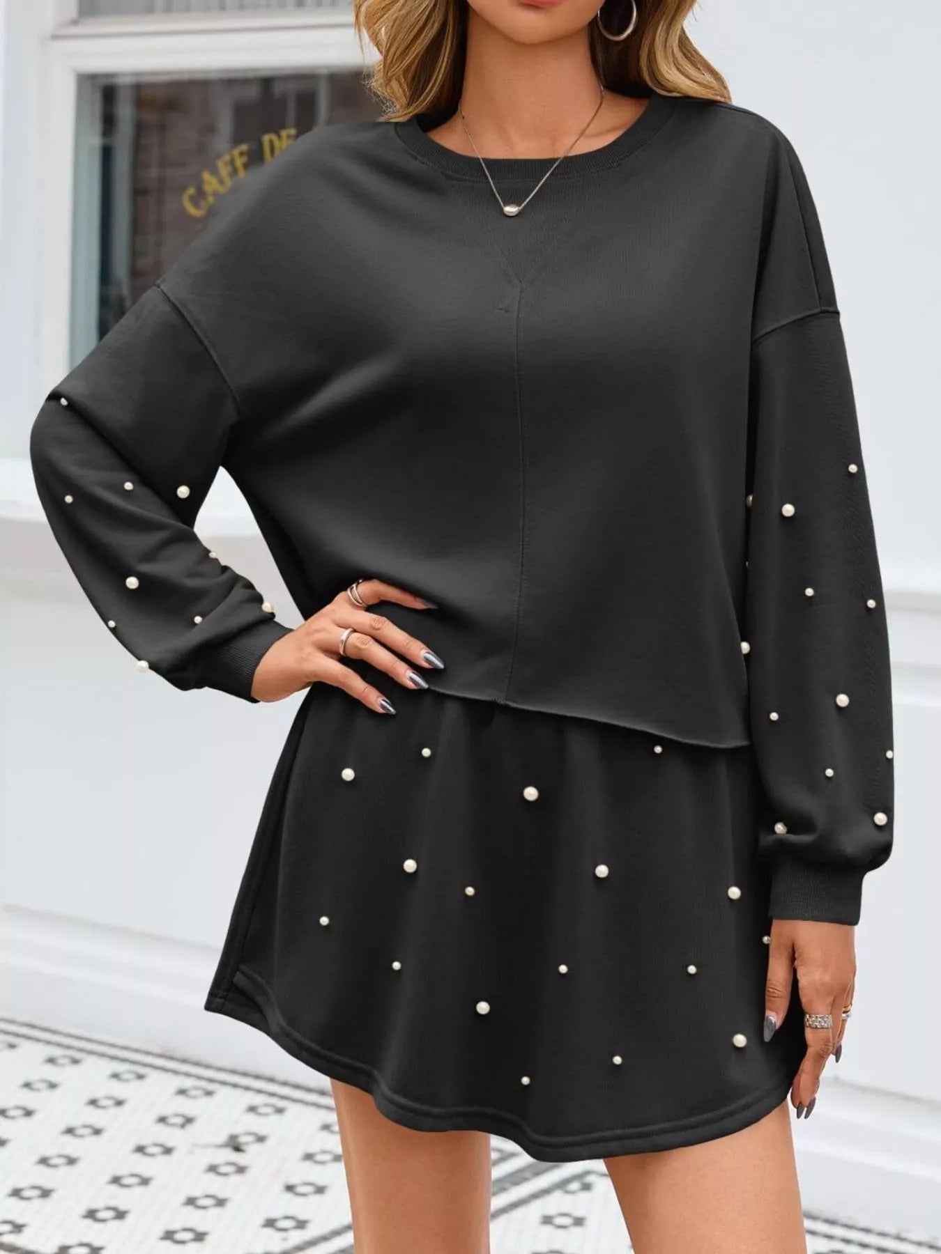 Sarah Express Women's Pearl Embellished Round Neck Top and Skort Set