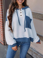 Sarah Express Women's Drawstring Button Detail Long Sleeve Hoodie White+blue