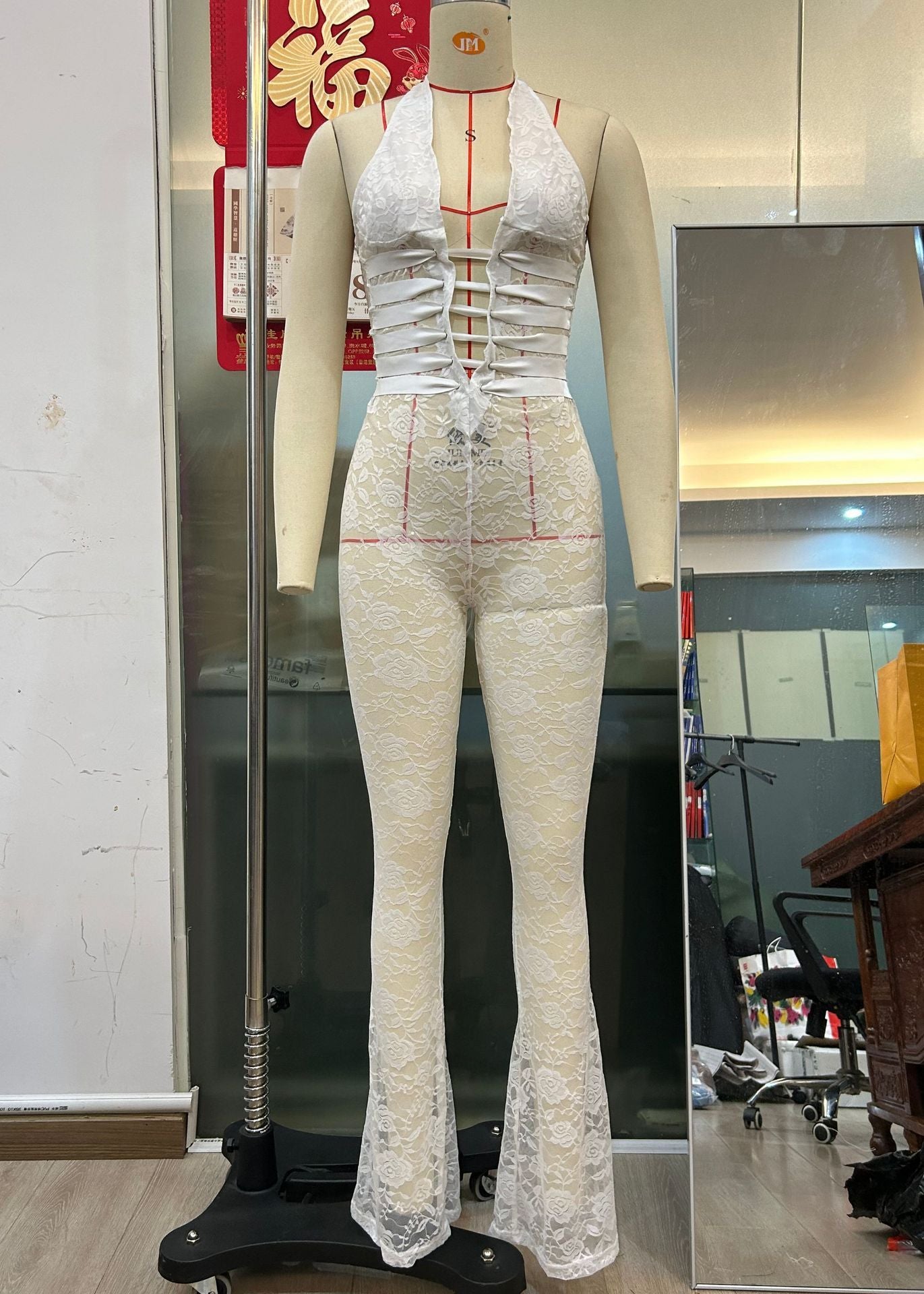 Women's Lace-Up Sheer Jumpsuit - Slim Fit Long Pants Bodysuit for Party Evening - Black White