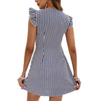 Sarah Express Women's V-Neck Button Front Flutter Sleeve Stripe Print Dress